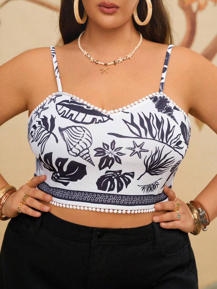 Travachic Plus Size Women Tropical Print White Short Camisole Tank Top - Multicolor - View 1