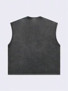 ROMWE MEN Grunge Punk 男士复古水洗字母和图案印花短款背心 - 黑色 - 查看 2