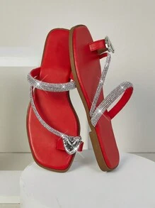 SHUZIA Sandalias planas con tira fina y decoración de rhinestones, cómodas y de moda, con aros para los dedos, para uso diario y vacaciones