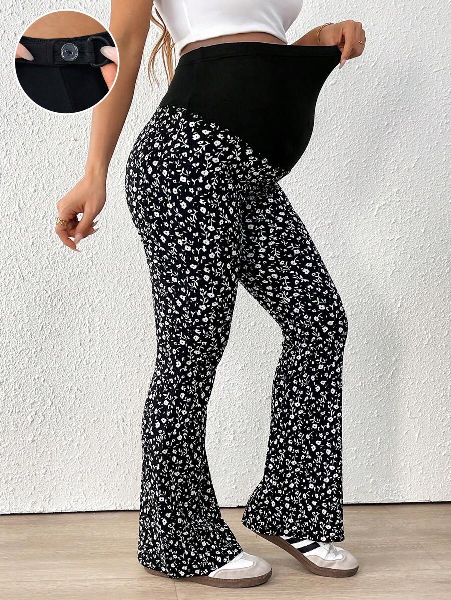 SHEIN 可调节孕妇裤，修身休闲时尚日常穿着 - 黑色 - 查看 1