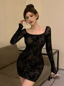 DAZY 大码女式保暖衬里高领紧身连衣裙派对女式返校节连衣裙 - 黑色 - 查看 4