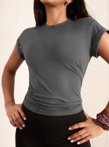 Hanevo Women Casual Solid Color Lace-Up Back Slit T-Shirt Sportwear For Daily Wear - Dark Grey - View 5