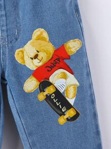 SHEIN 2 件套年轻男孩休闲都市街头风格柔软白色短袖 T 恤熊印花牛仔锥形裤，配有松紧腰带和口袋 - 白色 - 查看 4