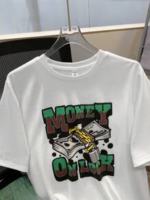 SHEIN 2pcs Teen Boys Casual White Tee And Green Shorts Set, Street Style, Punk, Rock, College, Everyday Outing, Party, Music Festival, Suitable For Spring/Summer, Funny Graphic Print - Multicolor - View 4