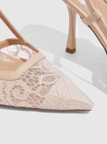 CUCCOO SZL Tacones de salón de punta fina de material de encaje color albaricoque con correa trasera para mujer, sexy para uso diario, citas, fiestas, vacaciones, San Valentín, boda