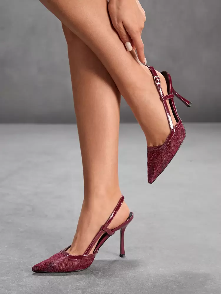 CUCCOO CHICEST Fashionable Wine Red Lace Material Back Strap Pointed Toe Stilettos, Sexy For Commute, Date, Party, Vacation, Valentine's, Wedding Summer Shoes Summer Break Easter Prom Heels For Christmas Elegant Shoes Wedding Shoes Summer Shoes Bride Shoes