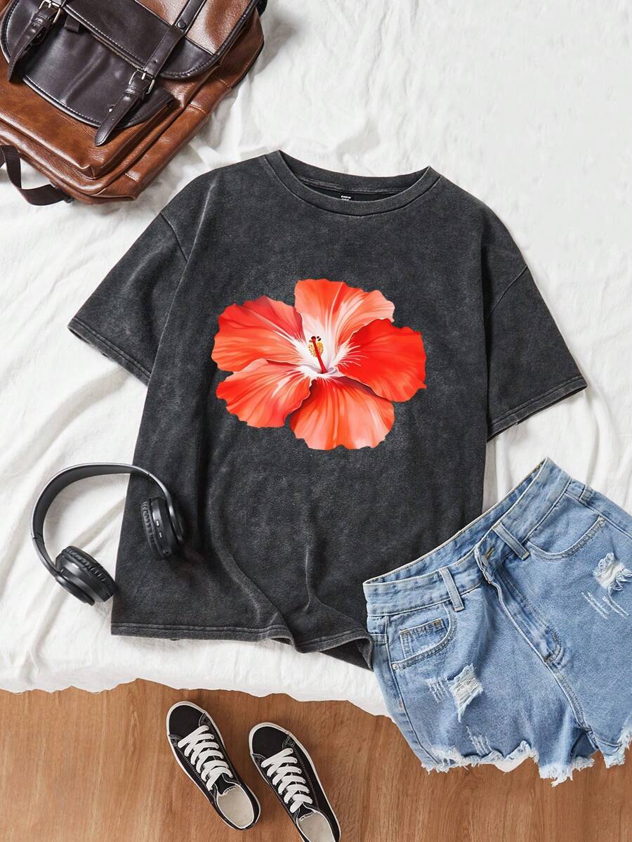 SHEIN EZwear Große Größen Vintage-Waschung Kurzarm T-Shirt mit Blume Muster für den Sommer - Schwarz - Übersicht 1