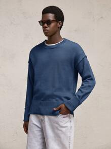 AKNOTIC Business Casual Men's Loose Fit Knit Round Neck Dropped Shoulder Long Sleeve Casual Sweater, For Fall Winter - Blue - View 2