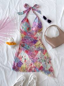 Soleia Sweet Romantic Ditsy Floral Color Block Patchwork Halter V-Neck Drawstring Mesh Ruched Vacation Mini Dress For Ladies, Suitable For Holiday, Music Festival, Bohemian, Date, Afternoon Tea, Spring/Summer - Multicolor - View 3