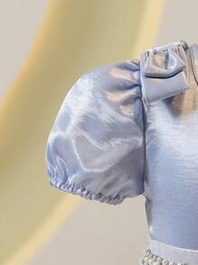 女孩优雅正式荷叶边领泡泡袖高腰缎带装饰缎面连衣裙，适合婚礼和花童，夏季 - 藍色 - 查看 5