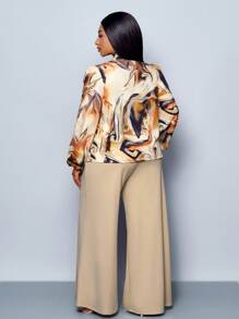 SOLERSUN "Plus Size Women's Fashion Bowknot Long Sleeve Shirt And Long Loose Wide Leg Pants Set For Everyday Casual Wear, Vacations, Picnics, Dates, Music Festivals, Valentine's Day, Graduation Season, Parties, Etc " Fall Cloth For Women - Apricot - View 2