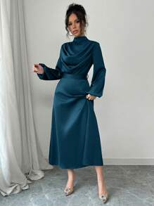 Elenzga 女士优雅迷人缎面闪亮垂坠领长袖喇叭裙，春秋装 - 水鴨藍 - 查看 3