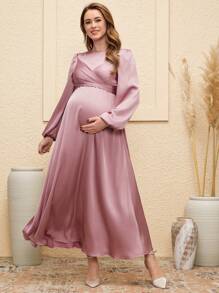 SHEIN 1 chiếc váy dài tay trơn màu cho bà bầu, thời trang tối giản, mặc thường ngày - Bụi hồng - Xem 5