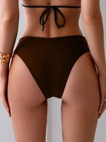 SHEIN Swim 女士纯色 V 领褶皱比基尼泳裤，适合夏季海滩度假 - 咖啡棕 - 查看 2