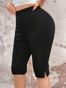 SHEIN CURVE+ FIT+ 黑色高腰开衩设计休闲街头风膝盖长度打底裤 - 黑色 - 查看 3