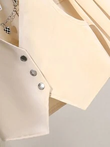 SHEIN Elladie kids Bộ 2 áo không tay đi làm thường ngày cho bé gái có cổ và nút phía trước + chân váy xếp ly - Màu be - Xem 3