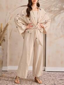 Mulvari 贝壳刺绣蝙蝠袖上衣连体裤女款两件套 - 杏色 - 查看 3