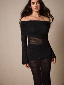 Poéselle Vestido de punto sin tirantes elegante de manga larga con abertura en el bajo y color sólido, vestidos para mujer, atuendos de vacaciones, vestido hombros descubiertos, suéteres de otoño, vestidos elegantes, vestido, vestidos de vacaciones para atuendos de otoño e invierno, uso diario elegante y chic, ropa de mujer de otoño.