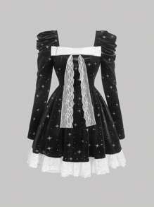 SHEIN MOD Black Star Sky Print Gigot Sleeve Velvet Dress With White Lace Bow And Floral Trim,Valentine's Day,Vacation Outfits Woman,Birthday Dresses For Women,Valentine's Day Dress,Mardi Gras Outfit,Easter Dress,Cruise Attire,Old Money Style Women,Concert Outfit Women,Tea Party Outfit,Country Concert Outfit,Date Night Outfits Women,Gothic Women Clothes