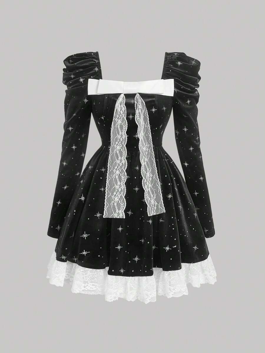 SHEIN MOD Black Star Sky Print Gigot Sleeve Velvet Dress With White Lace Bow And Floral Trim,Valentine's Day,Vacation Outfits Woman,Birthday Dresses For Women,Valentine's Day Dress,Mardi Gras Outfit,Easter Dress,Cruise Attire,Old Money Style Women,Concert Outfit Women,Tea Party Outfit,Country Concert Outfit,Date Night Outfits Women,Gothic Women Clothes