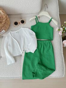 SHEIN LMoss Kids Ensemble de 3 pièces pour bébé fille : veste tricotée mignonne à manches longues, débardeur unicolore et pantalon long - Vert - Voir 1