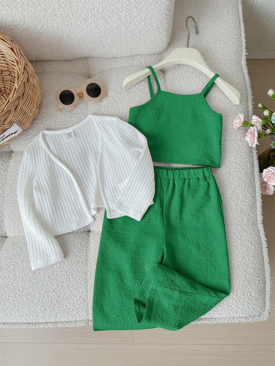 SHEIN LMoss Kids Ensemble de 3 pièces pour bébé fille : veste tricotée mignonne à manches longues, débardeur unicolore et pantalon long - Vert - Voir 1