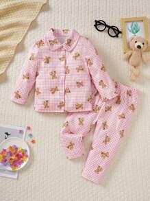 SHEIN 2pcs/Set Baby Girl Cute Pink Plaid Bear Pattern Shirt And Loose Fit Pants Casual Pajama Set
