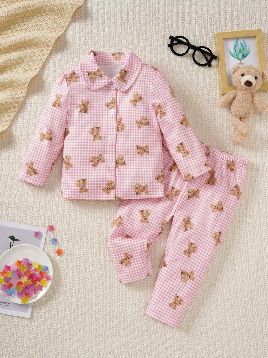 SHEIN 2pcs/Set Baby Girl Cute Pink Plaid Bear Pattern Shirt And Loose Fit Pants Casual Pajama Set