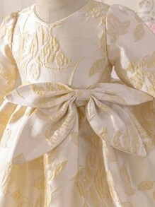 Glamorique Kids Váy công chúa cho trẻ sơ sinh và bé gái có nơ trang trí, vải jacquard hoa màu be dài tay, váy dạ hội thanh lịch cao cấp cho Châu Âu và Hoa Kỳ, trang phục dự tiệc sang trọng, sân khấu và dịp đặc biệt - Rượu sâm banh - Xem 6