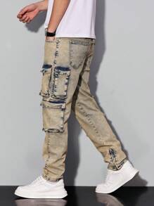 Manfinity Roughcore Men's Casual Washed Distressed Cargo Jeans - Light Wash - View 8