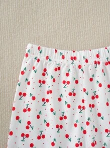 2pcs Baby Girls Red & White Color Block Printed Short Sleeve Crop Top And Shorts Set, Home Outfit