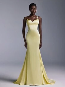 SHEIN Belle Váy dạ hội tối giản bằng vải satin màu vàng nhạt thanh lịch, váy dự tiệc cưới, hở lưng gợi cảm, đuôi cá xếp nếp, váy dạ hội trang trọng, váy dự tiệc - Màu vàng - Xem 6