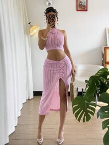Chiquease New Spring/Summer Sexy Tie-Up Halter Floral Breathable Vacation Skirt Set For Women - Pink - View 7
