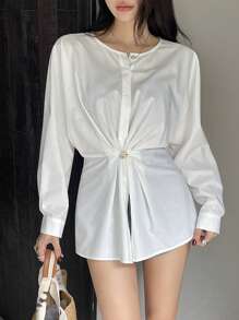 DAZY Women Button Decor Waist Cinching Casual Blouse, Minimalist Fashion For Everyday Wear Long Sleeve Top