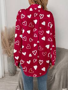 EMERY ROSE Casual Heart Graphic Loose Open Front Blouse For Women, Summer Valentine's Day Going Out Tops