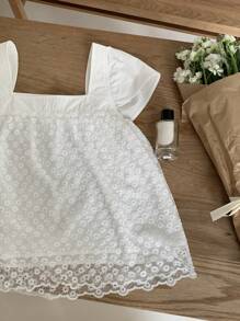 DAZY 女士和女孩休闲无袖蕾丝拼布衬衫娃娃装上衣 - 白色 - 查看 4