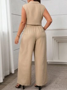 Flirla Damen Große Größen Frühling/Sommer Französischer Stil Pendelstrecke Elegante Hemdbluse mit Kragen und Knopfleiste, breiten Trägern und lässige lange Hose