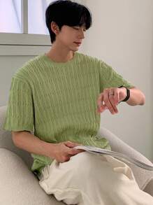 DAZY Men's Solid Green Ribbed Cable Design Knit Top, Summer - Green - View 4