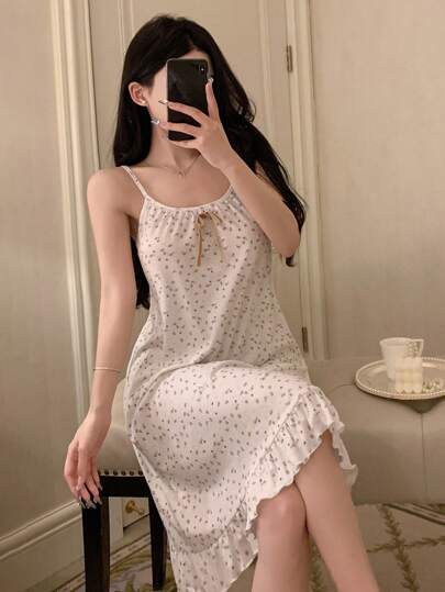 DAZY Casual Ditsy Floral Ruffle Trim Slip Dress For Women Pajama
