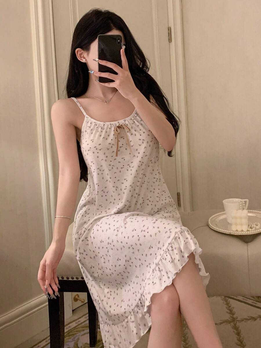 DAZY 女士休闲碎花荷叶边吊带裙睡衣 - 白色 - 查看 1