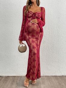 MaterniChic Váy bodycon ren tay dài dự tiệc mừng em bé chào đời có tay loe và cổ tim, váy bầu - Màu Đỏ Sâu - Xem 3