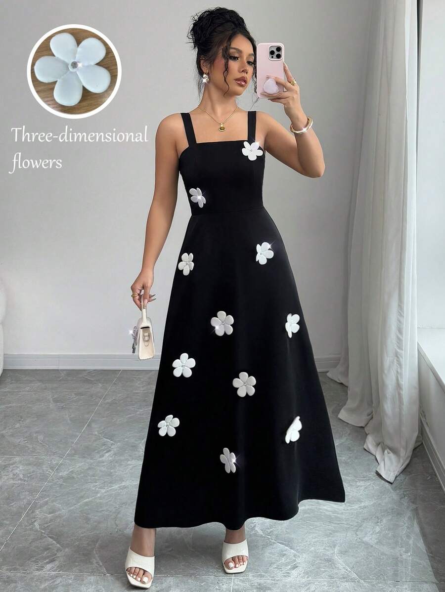 Elenzga Women's Wide Strap 3D Floral Decor Casual Dress