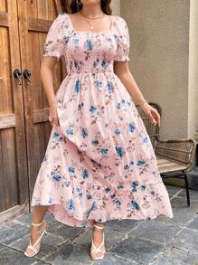 SHEIN Privé Plus Size Elegant Square Collar Puff Sleeve Short Dress With Cinched Waist, Floral Print, Loose Flounce Hem For Vacation & Beach For Summer - Pink - View 6