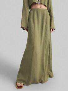 Ontre Women's Solid Color Linen Long Sleeve Crop Top And A-Line Long Skirt 2 Pieces Set, Casual Bohemian Style, Spring/Summer - Green - View 5