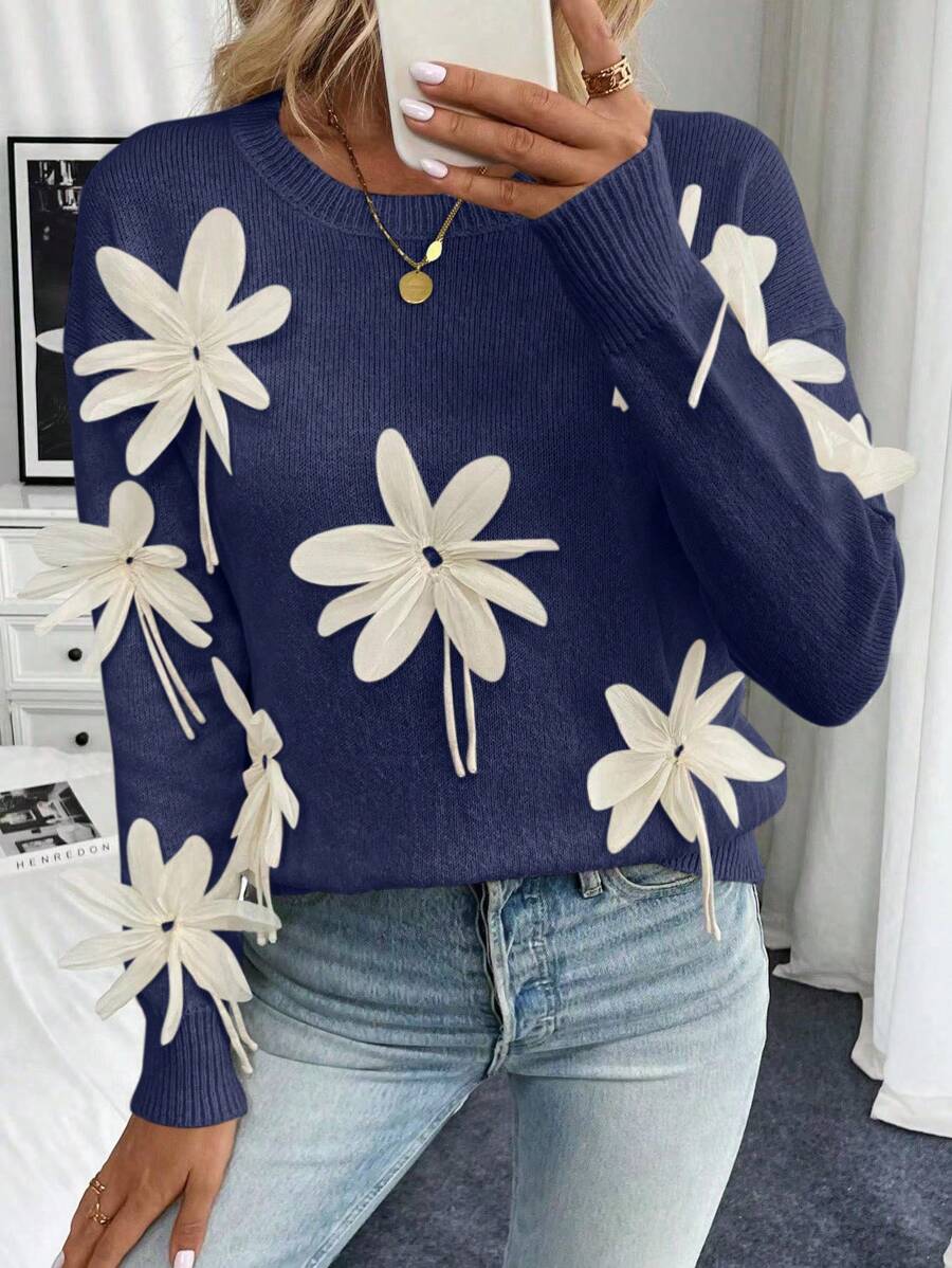 SHEIN Unity Jersey de cuello redondo con flores 3D de moda, jersey de punto de otoño/invierno - Azul - Ver 1