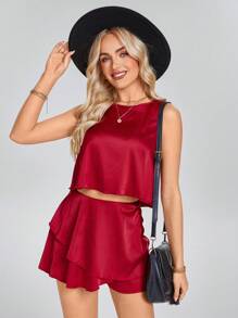 SHEIN LUNE 2pcs Women Casual & Commuting Asymmetrical Tiered Crop Top & Mini Skirt/Shorts Set - Red - View 5