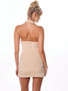 MUSERA Textured Cowl Corset Waist Mini Dress Sexy Spring Summer Going Out Holiday - Khaki - View 3