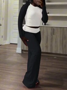 INAWLY 2 件套女士休闲拼色紧身 T 恤搭配喇叭裤，适合春秋季节 - 黑色 - 查看 1