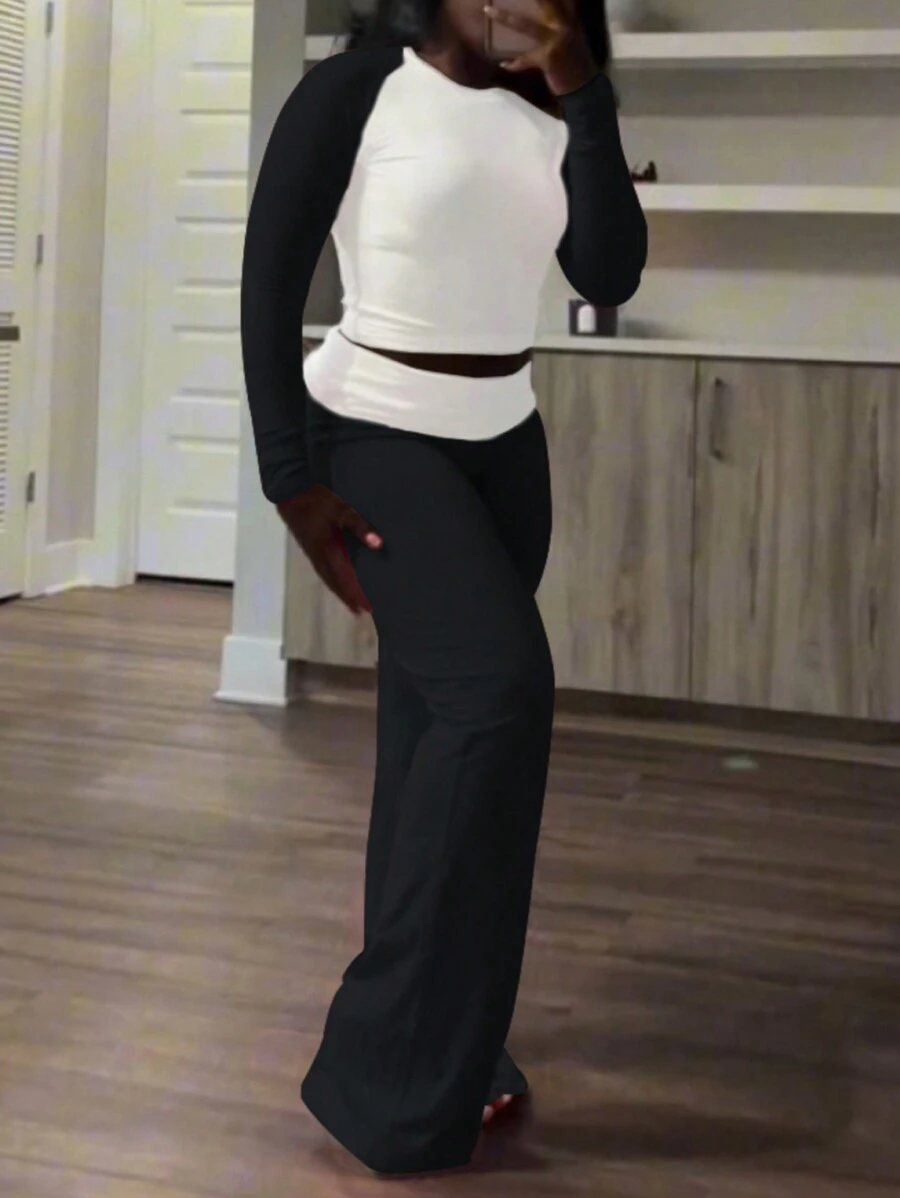 INAWLY 2 件套女士休闲拼色紧身 T 恤搭配喇叭裤，适合春秋季节 - 黑色 - 查看 1