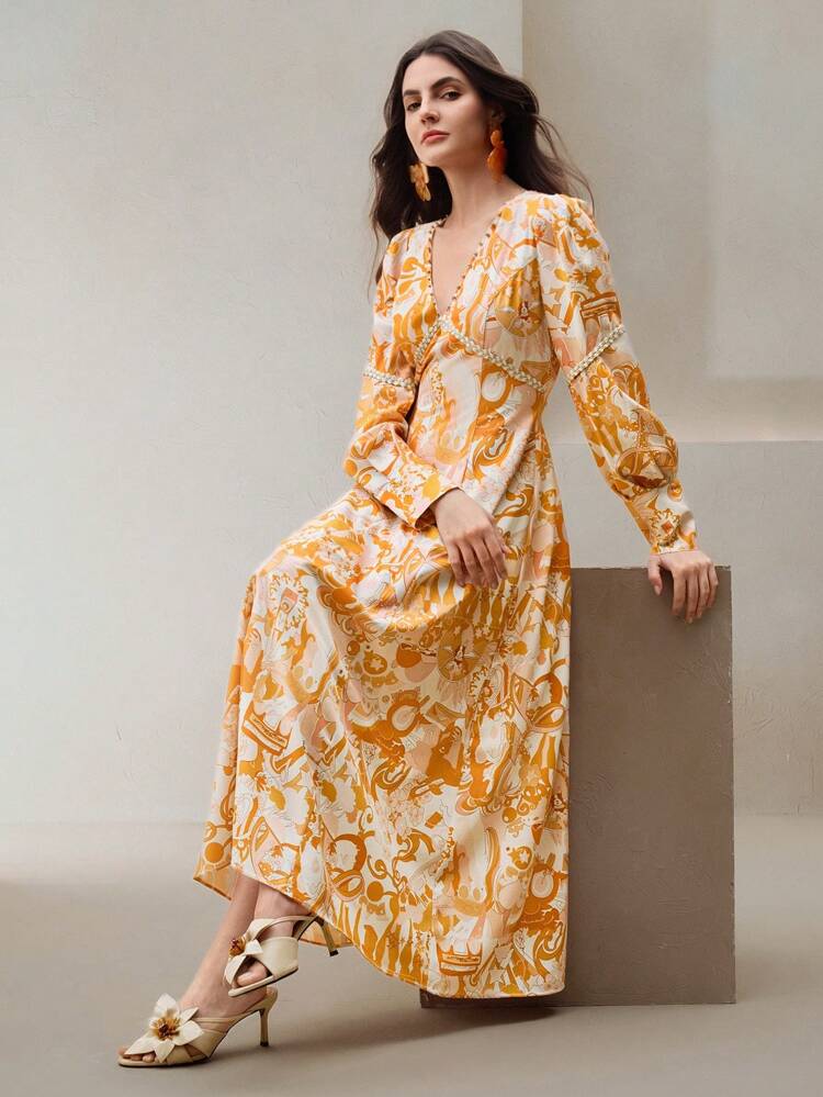 Women's Retro Elegant V-Neck Beaded Chain Jacquard Ribbon Long Sleeve Puff Print Luxurious Waisted A-Line Maxi Dress, Floral, Beach, Spring Outfits